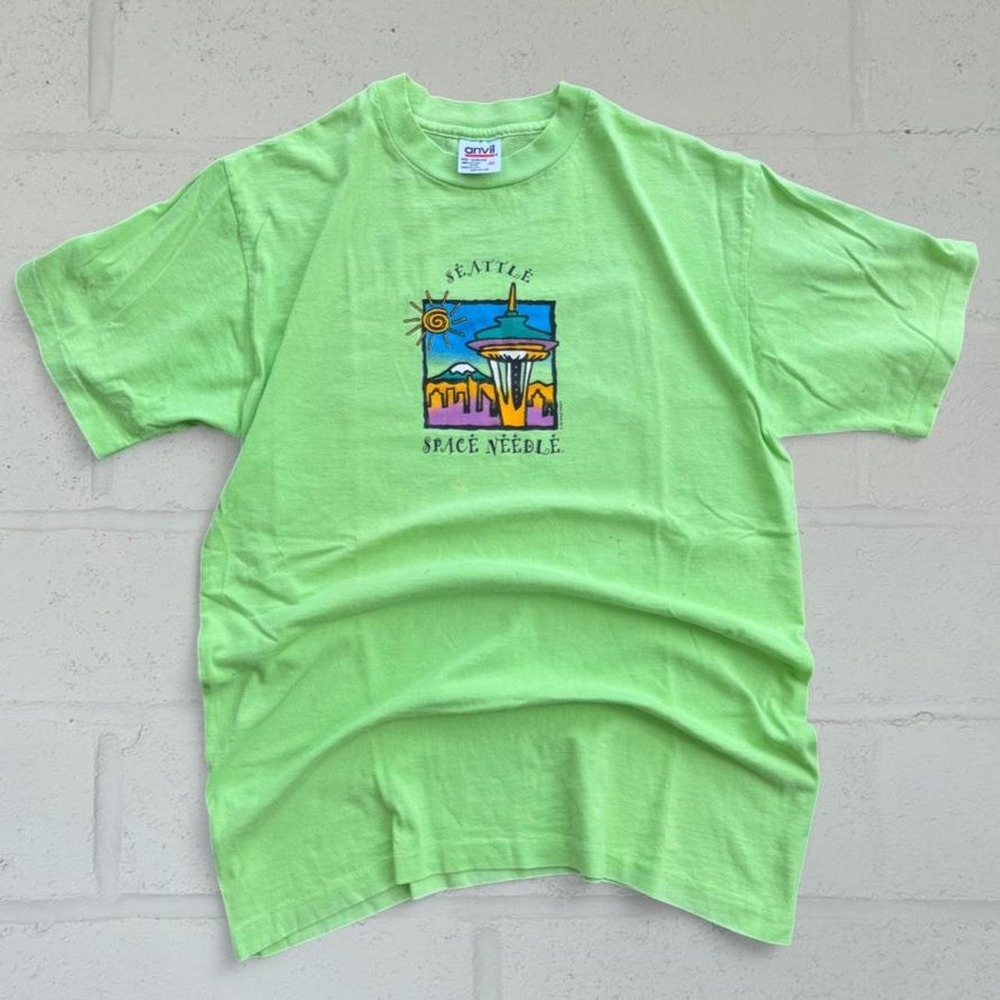 Vintage 1998 Seattle Space Needle Graphic T-Shirt Mens Medium Anvil Green 90s